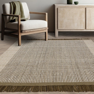Avalon Modern Plain Beaded Basketweave Hand-Woven Textured Wool Flatweave Beige/Cream/Deep Forest Green Rug-Asiatic Carpets-Rug Love - The Most Loved Rug Store